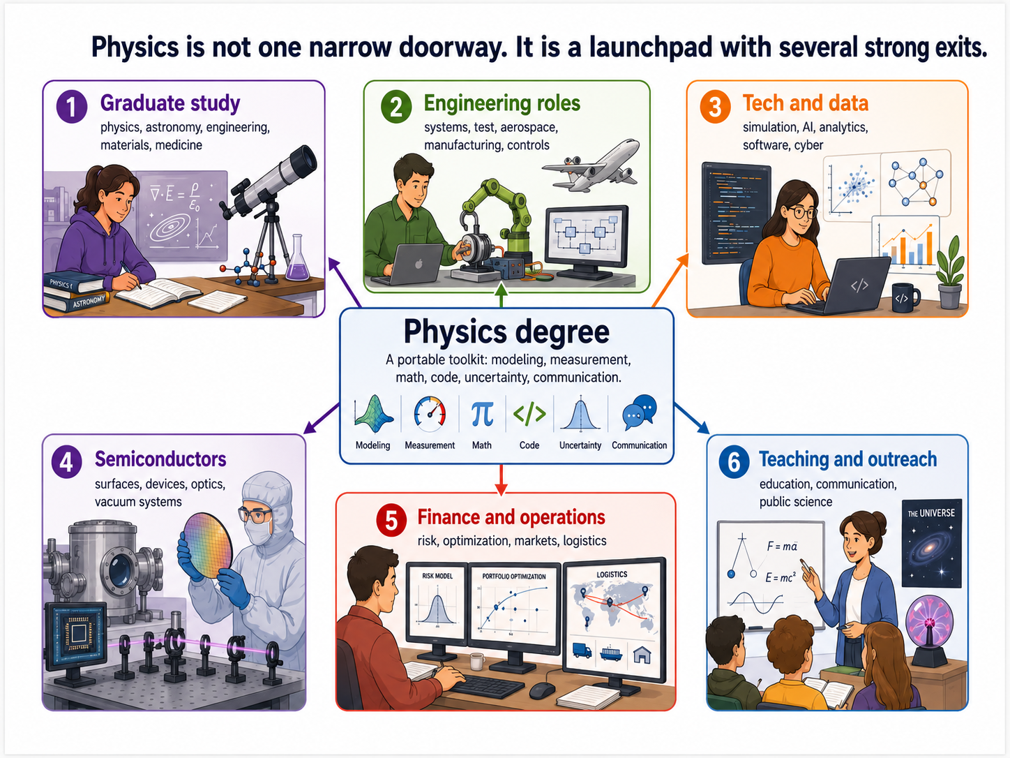 A diagram showing a physics degree as a launchpad toward graduate study, engineering, tech, semiconductors, finance, and teaching.