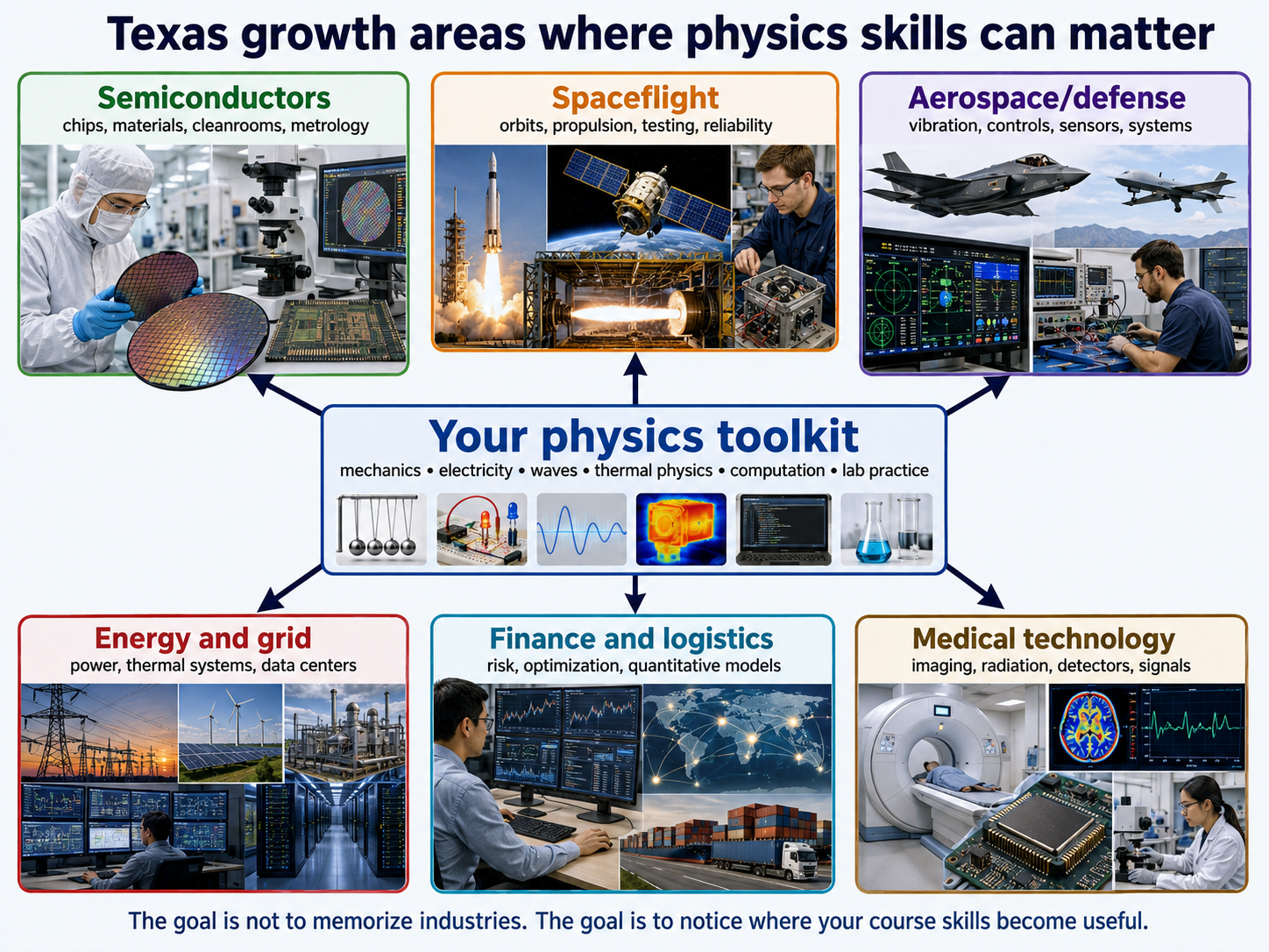 A schematic map connecting physics skills to Texas growth areas such as semiconductors, spaceflight, aerospace, energy, finance, and medical technology.