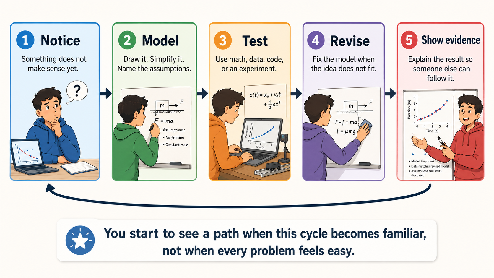 A cycle showing how a student can notice a problem, model it, test it, revise it, and show evidence.