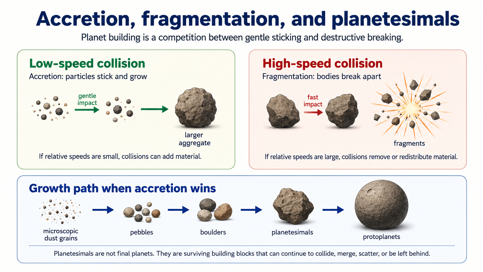 Course-created infographic comparing low-speed accretion with high-speed fragmentation and showing growth from dust grains to protoplanets.