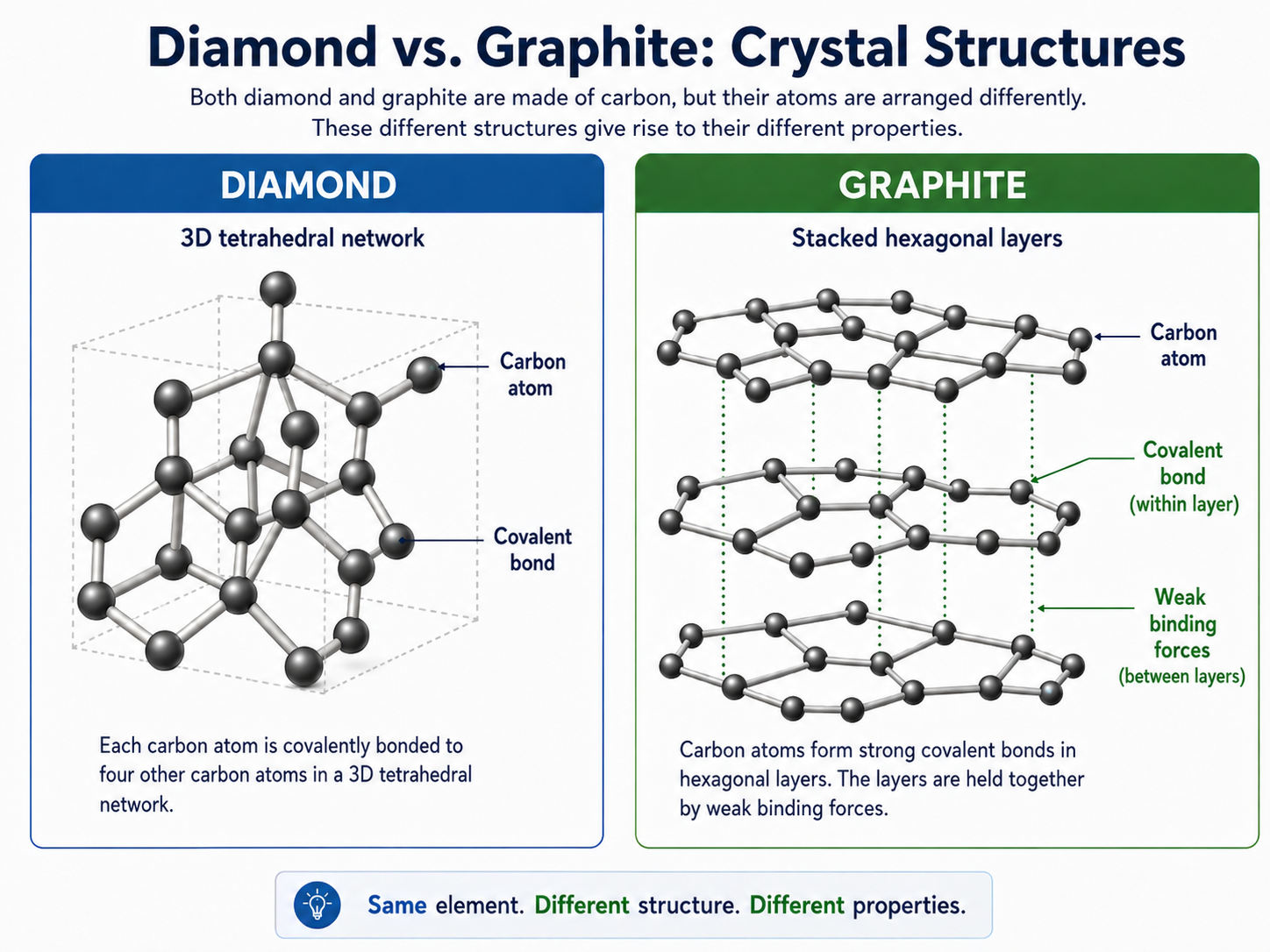 Course-created schematic comparing stronger bonding in solids and the crystal structures of diamond and graphite.