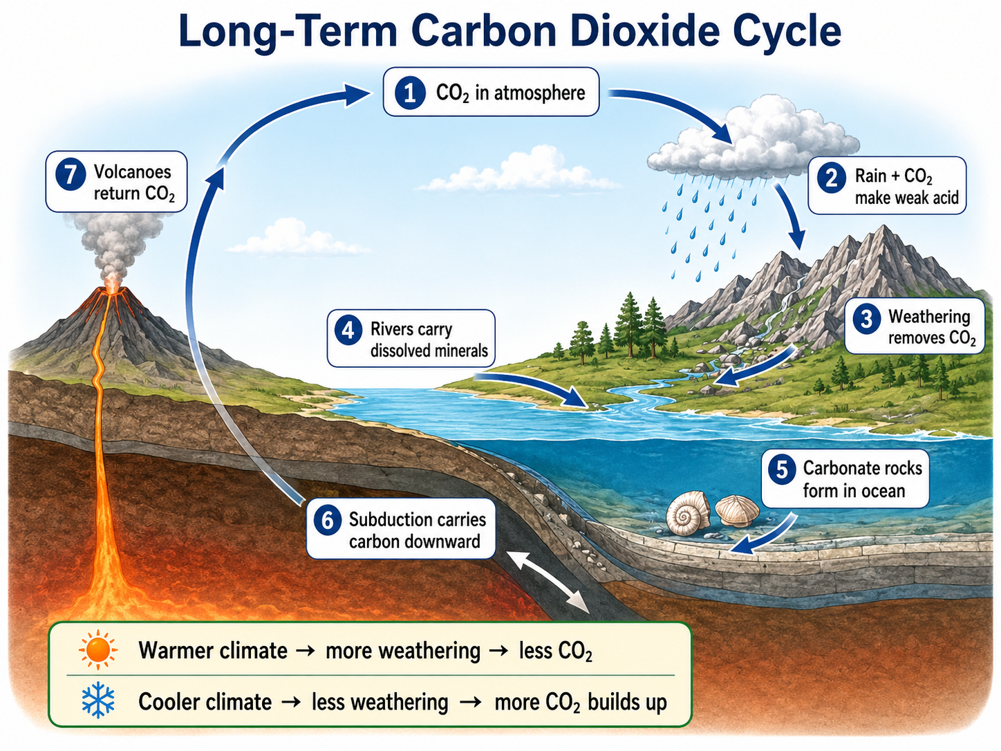 Simplified carbonate-silicate carbon dioxide cycle showing atmospheric carbon dioxide, rainwater weathering rocks, rivers carrying dissolved minerals to the ocean, carbonate rock formation, subduction, and volcanic outgassing returning carbon dioxide to the atmosphere.