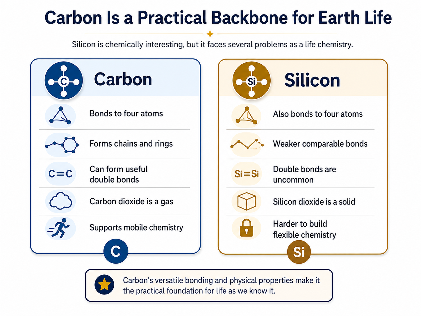 Comparison of carbon and silicon chemistry as possible backbones for life.