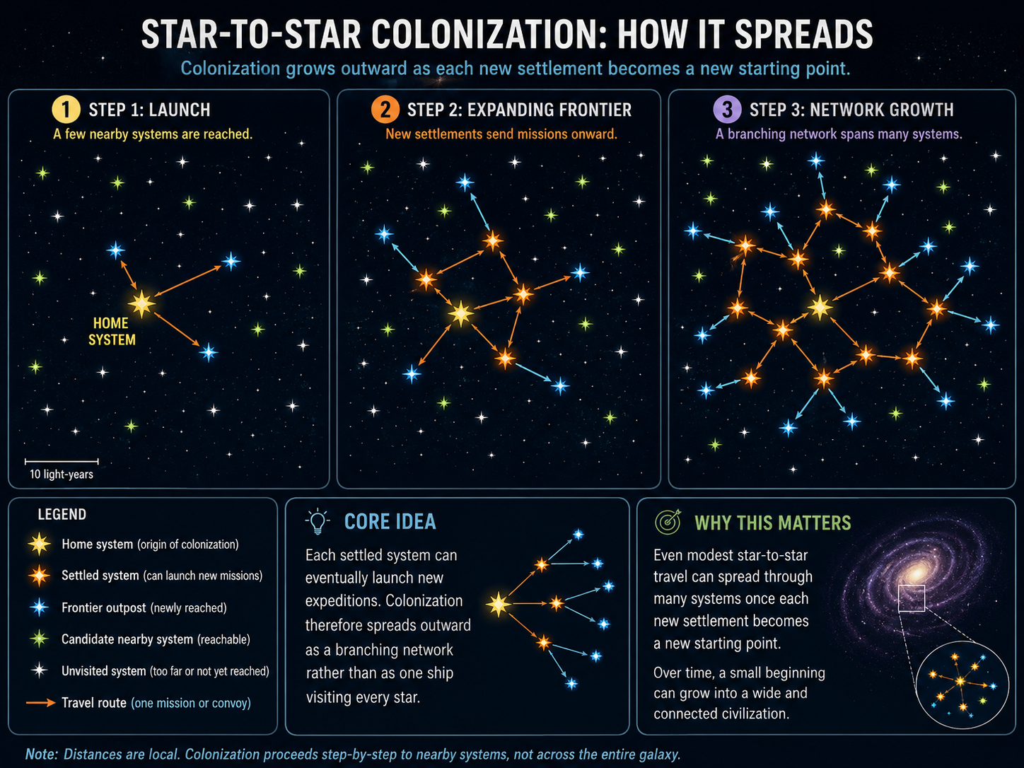 Three-panel schematic showing how colonization spreads from a home system to nearby stars as each new settlement becomes a new launch point.