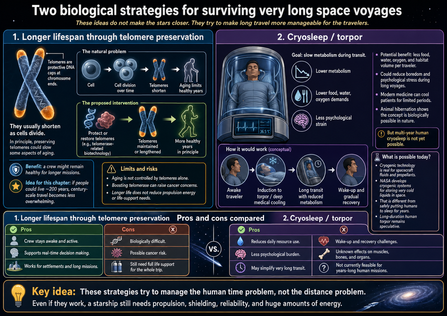 Infographic comparing two non-ship strategies for managing very long interstellar journeys: extending human lifespan through telomere preservation and reducing metabolic demands through cryosleep or torpor.