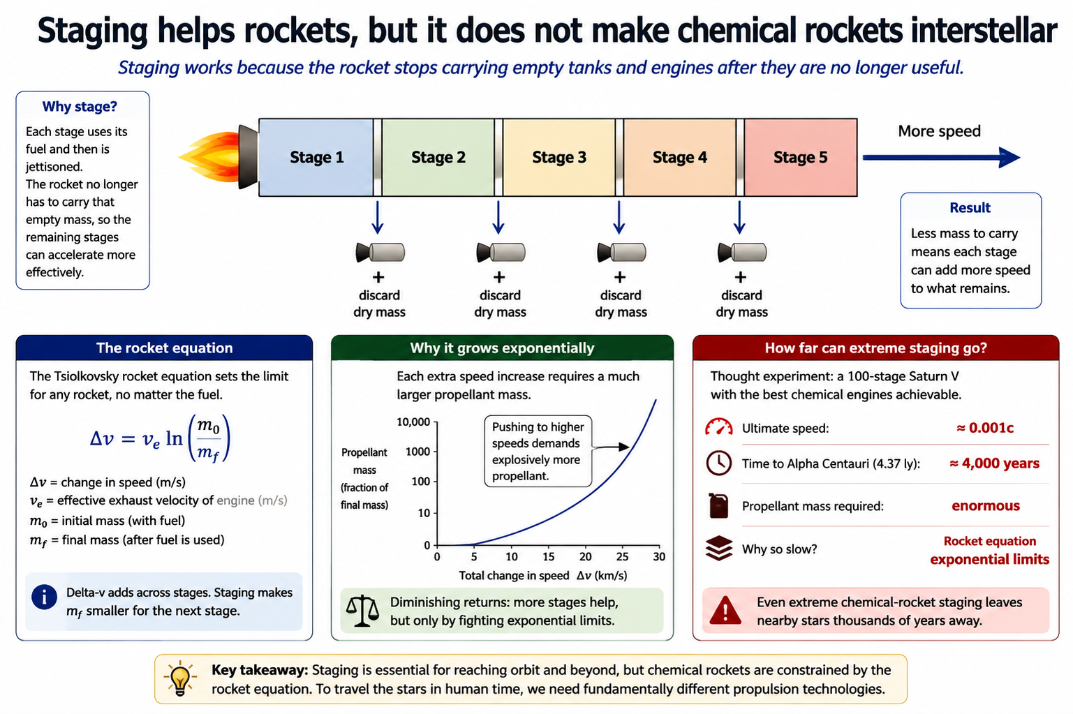 Schematic of a staged rocket discarding dry mass to improve performance, with a note that chemical rockets remain far too slow for convenient interstellar travel.