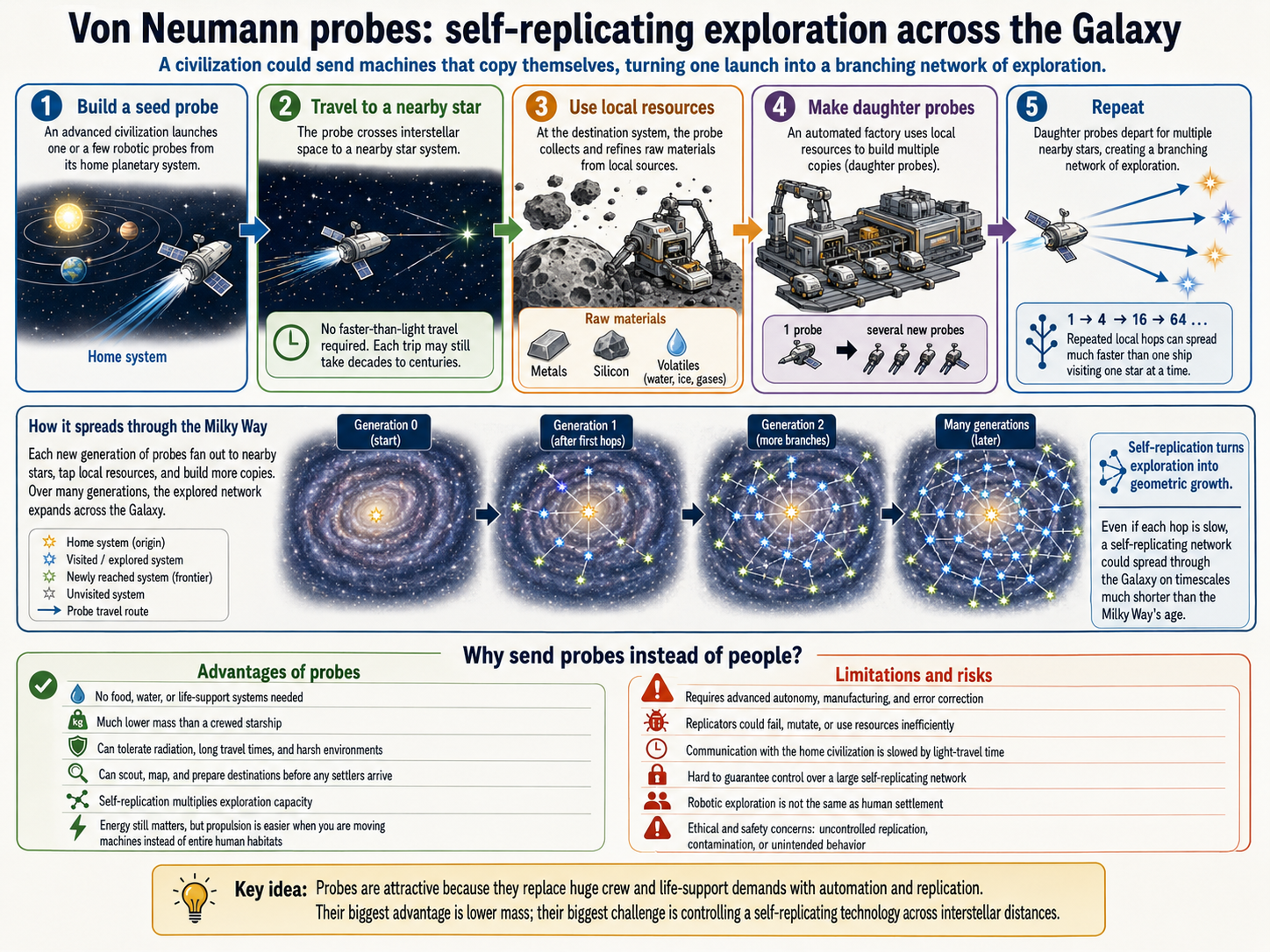 Infographic explaining how a von Neumann probe travels to a nearby star, uses local resources to build daughter probes, and spreads through the Galaxy as a branching network, with comparison panels showing the advantages and limitations of sending probes instead of people.