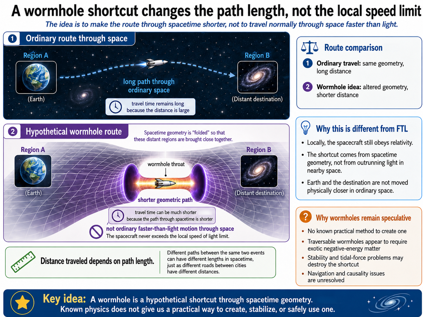 Schematic showing a long ordinary path through space and a shorter hypothetical wormhole path connecting two regions.