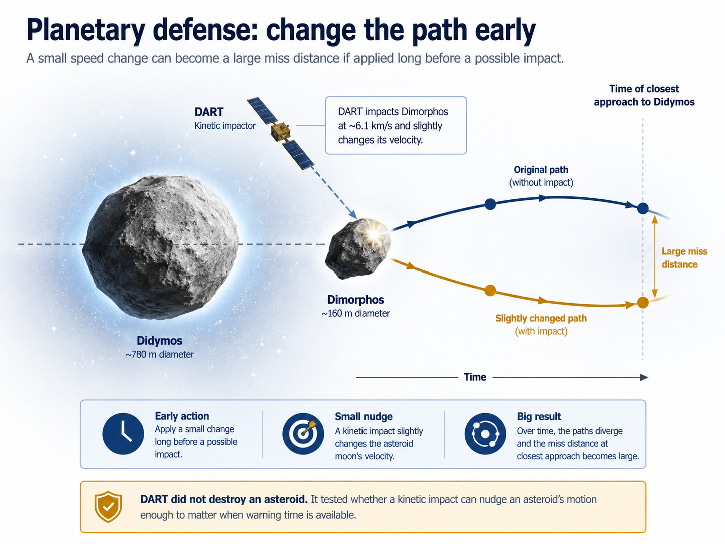A polished diagram showing DART impacting Dimorphos and changing its path as a planetary defense test.