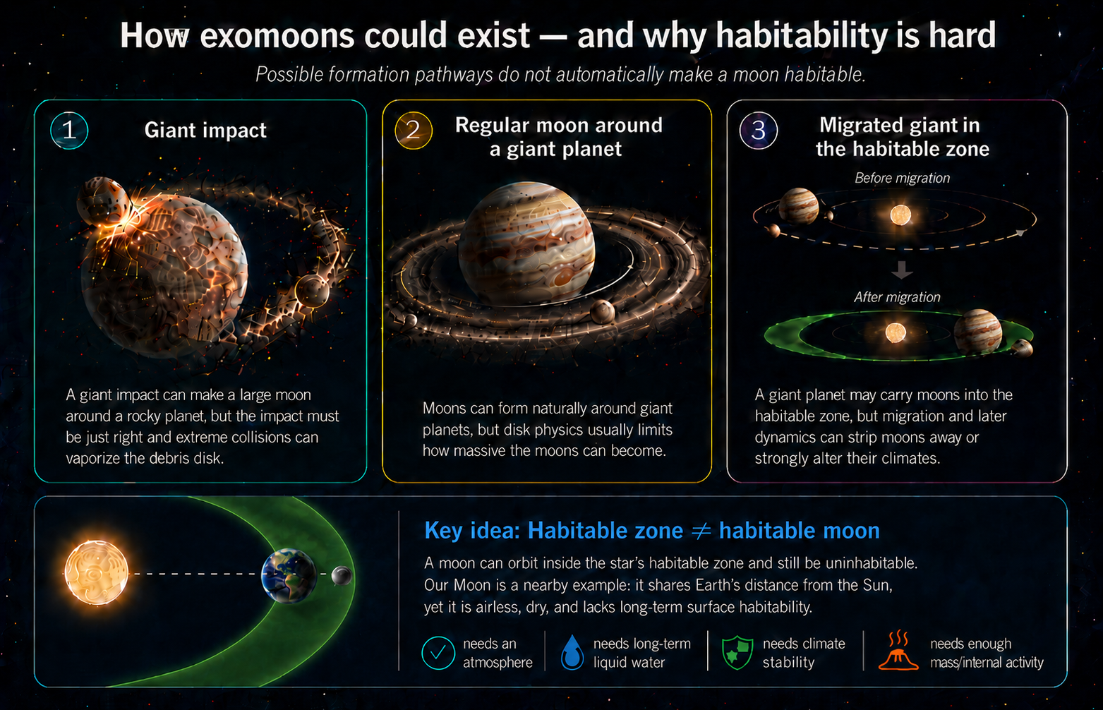 Infographic showing three possible exomoon formation pathways: giant impacts, regular moons around giant planets, and moons carried inward by migrating giant planets, plus a bottom panel showing that a moon can lie in the habitable zone without being habitable.