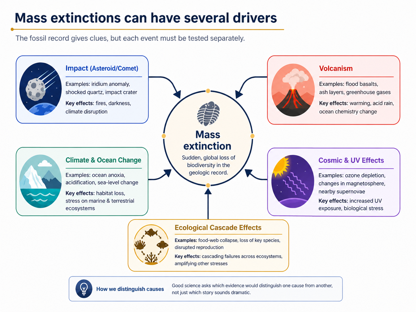 A polished infographic showing several possible drivers of mass extinction, including impacts, volcanism, climate and ocean change, cosmic effects, and ecological cascades.