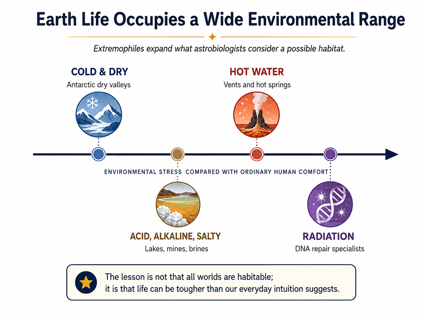 Examples of environmental stresses where extremophiles can live.