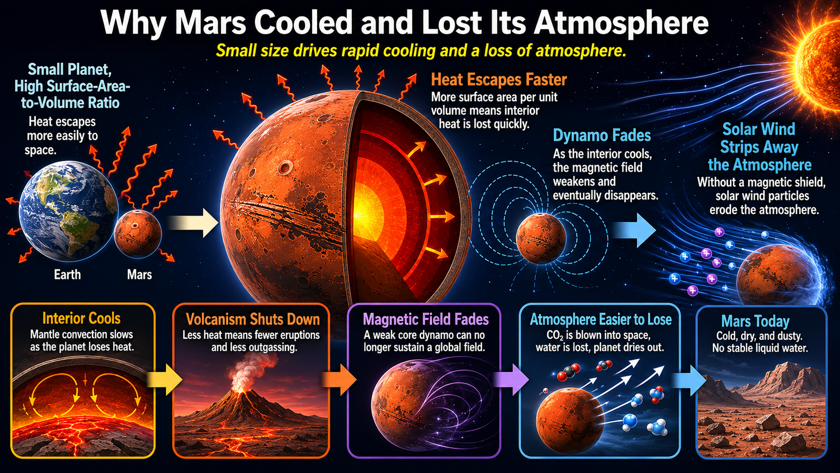 A four-panel concept diagram showing thermal escape, solar wind stripping, surface reactions, and refrigerator effect.