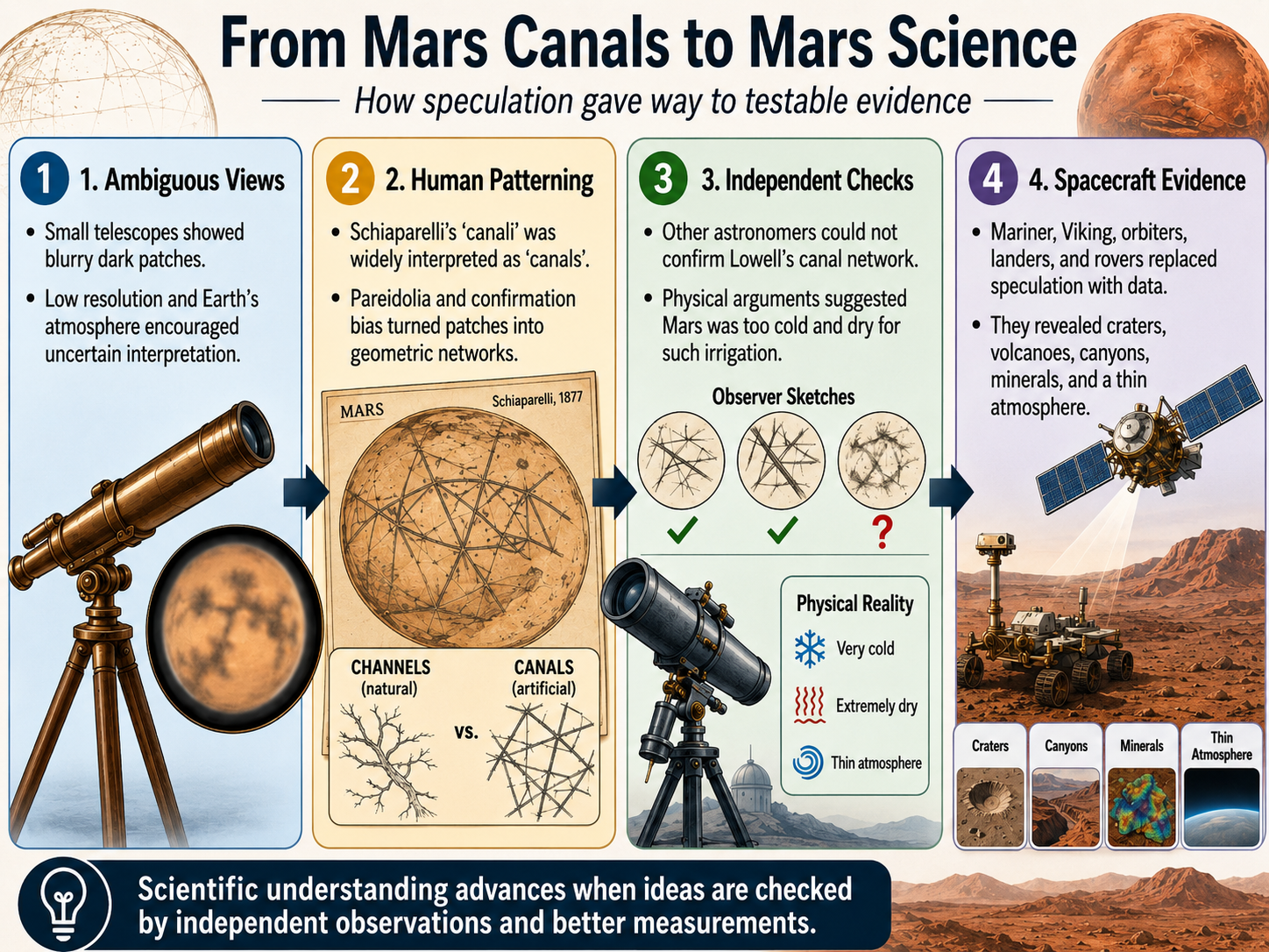 A four-step diagram showing the path from ambiguous telescopic views to modern spacecraft evidence.
