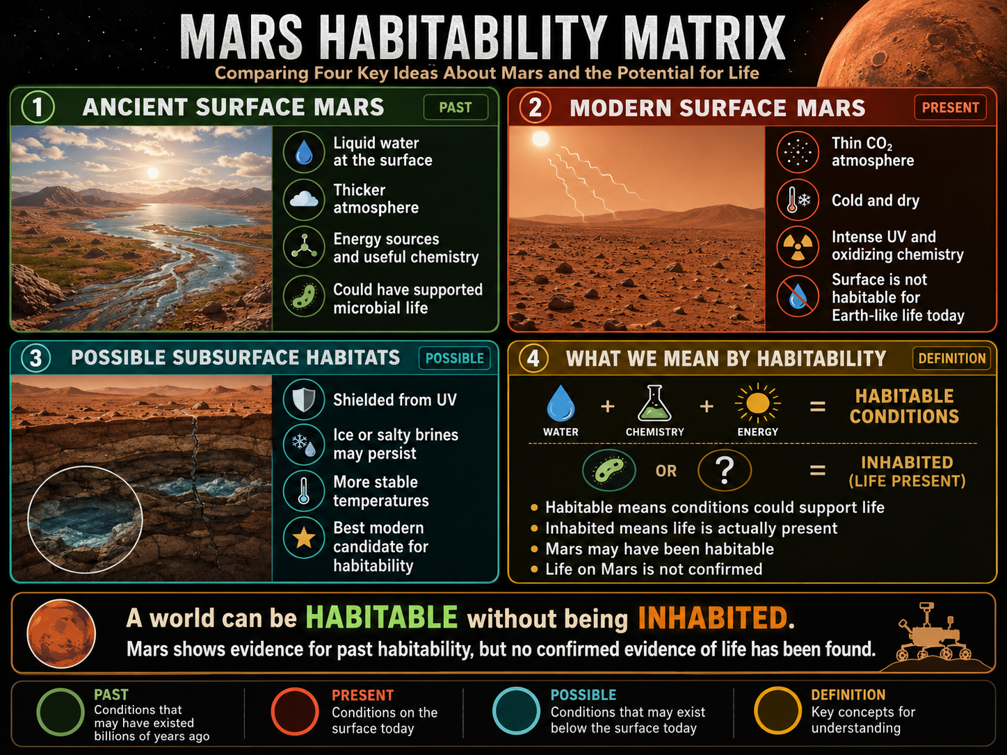 A four-panel comparison of ancient surface, modern surface, subsurface, and needed evidence.