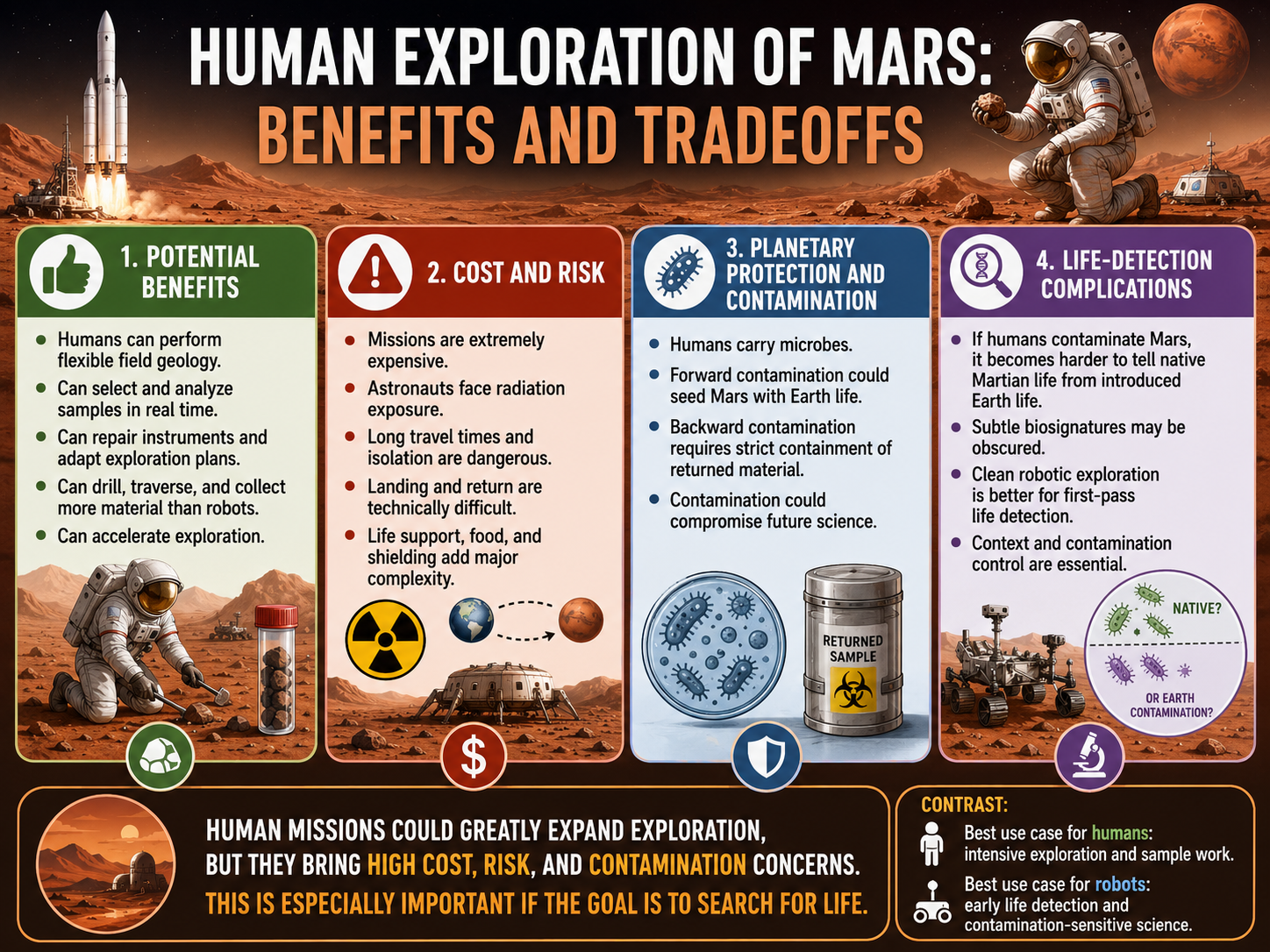 A four-panel diagram showing human skill, high cost, radiation risk, and contamination risk for Mars exploration.