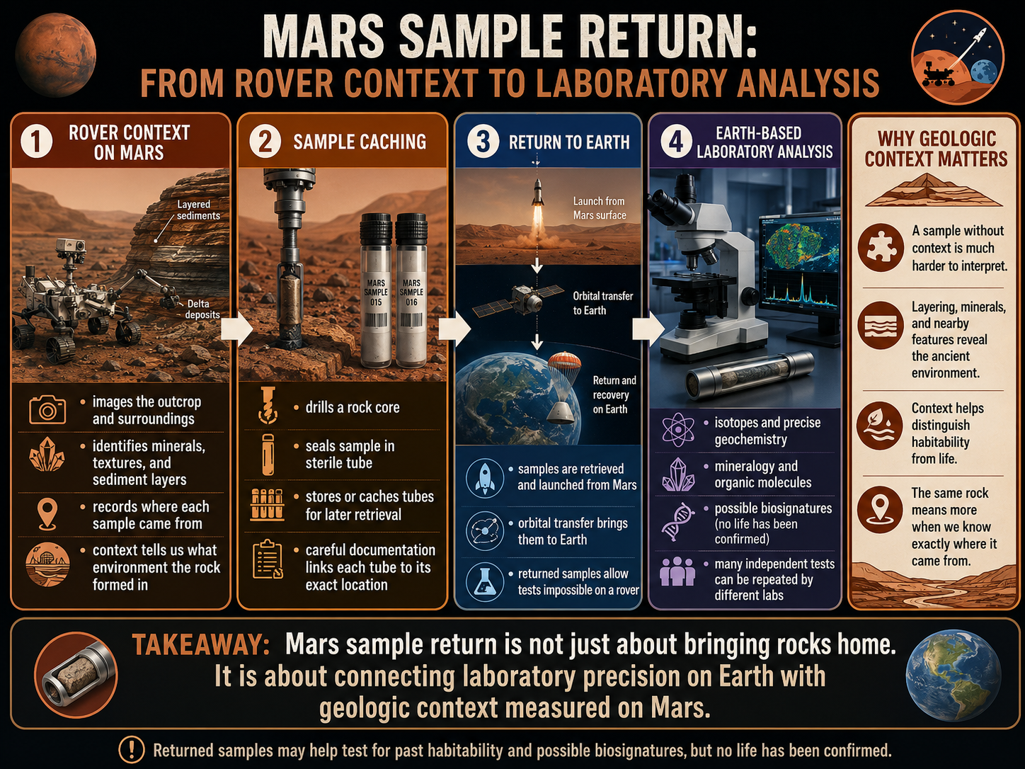 A four-step diagram showing collect, preserve, return, and analyze in Mars sample return.