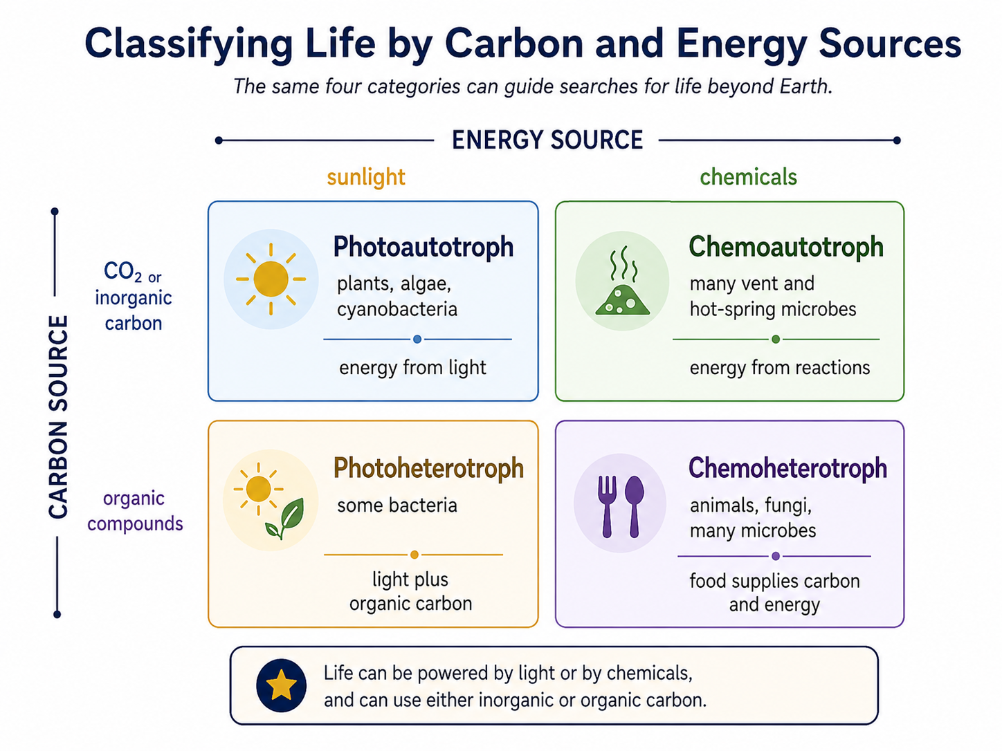 Two by two grid classifying organisms by carbon source and energy source.