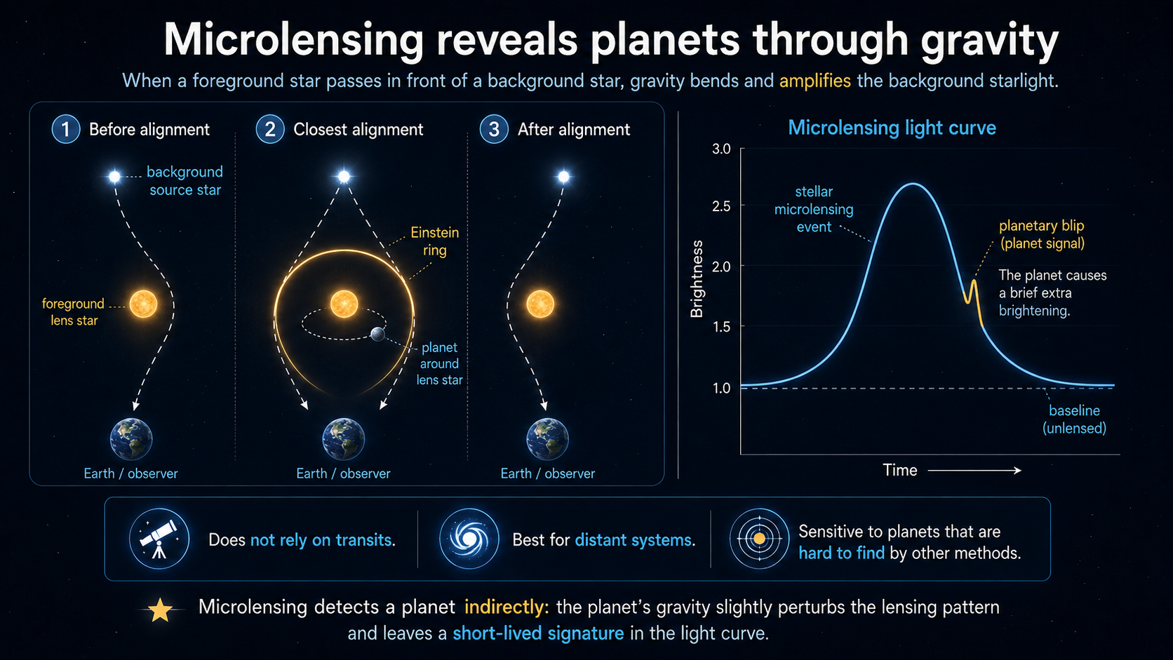 Diagram showing how a foreground lens star magnifies the light of a background source star and how a planet can create a short-lived extra brightening in the microlensing light curve.