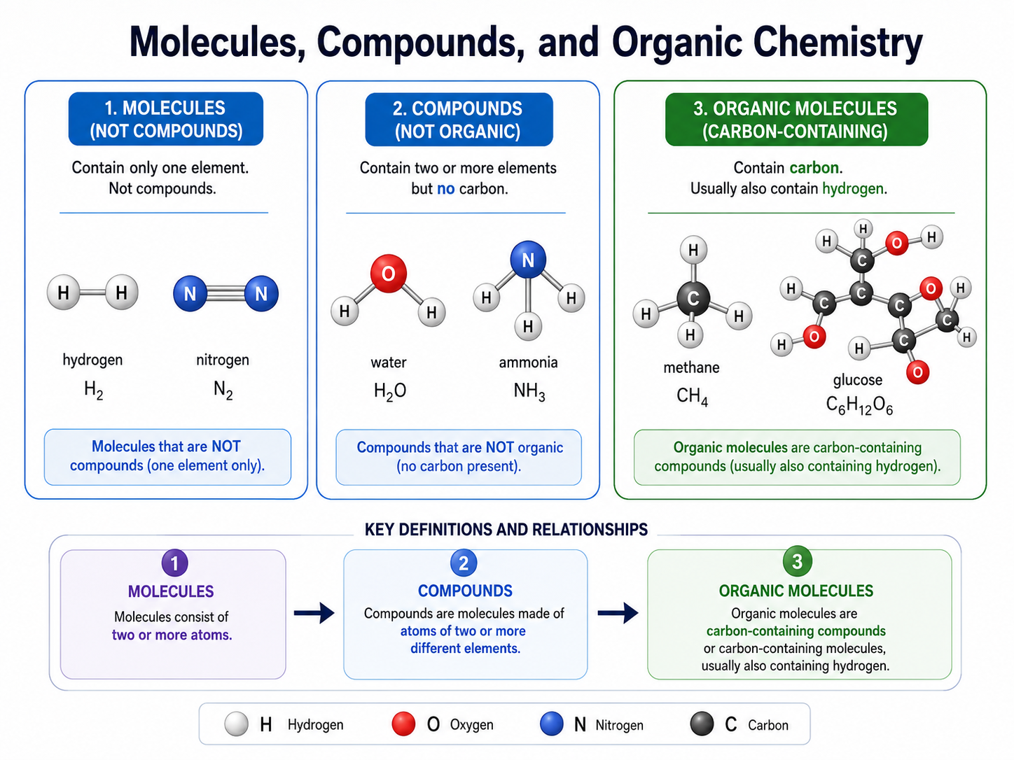 Course-created schematic comparing molecules, compounds, and organic molecules using examples such as hydrogen, water, methane, ammonia, and glucose.