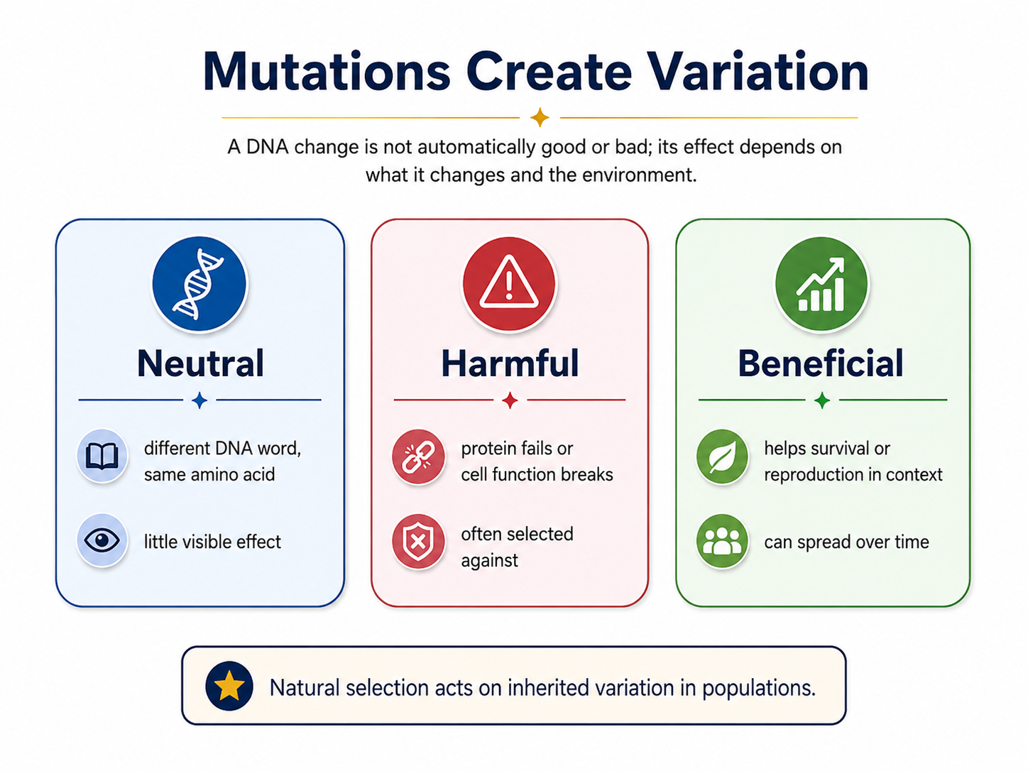Mutations can be neutral, harmful, or beneficial depending on context.