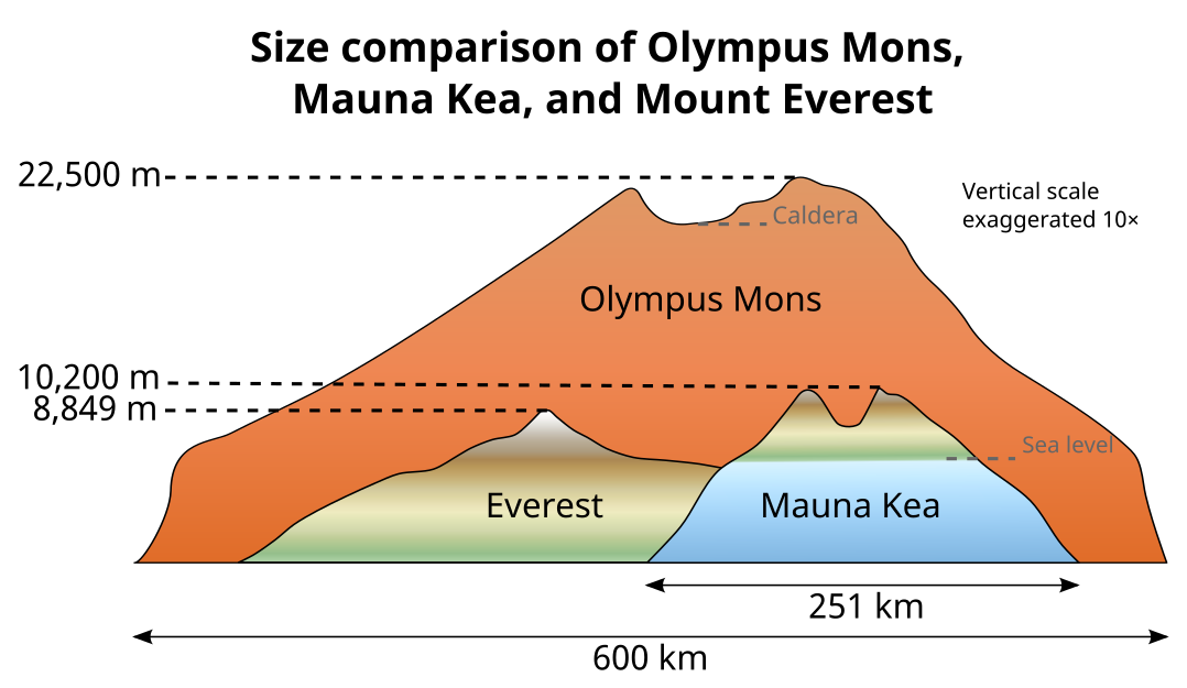 A comparison diagram showing the heights of Olympus Mons on Mars, Mauna Kea, and Mount Everest.