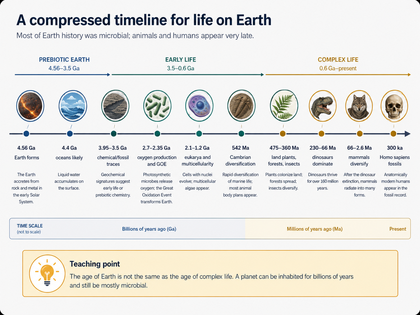 A polished horizontal timeline of major events in Earth history from formation to human evolution.