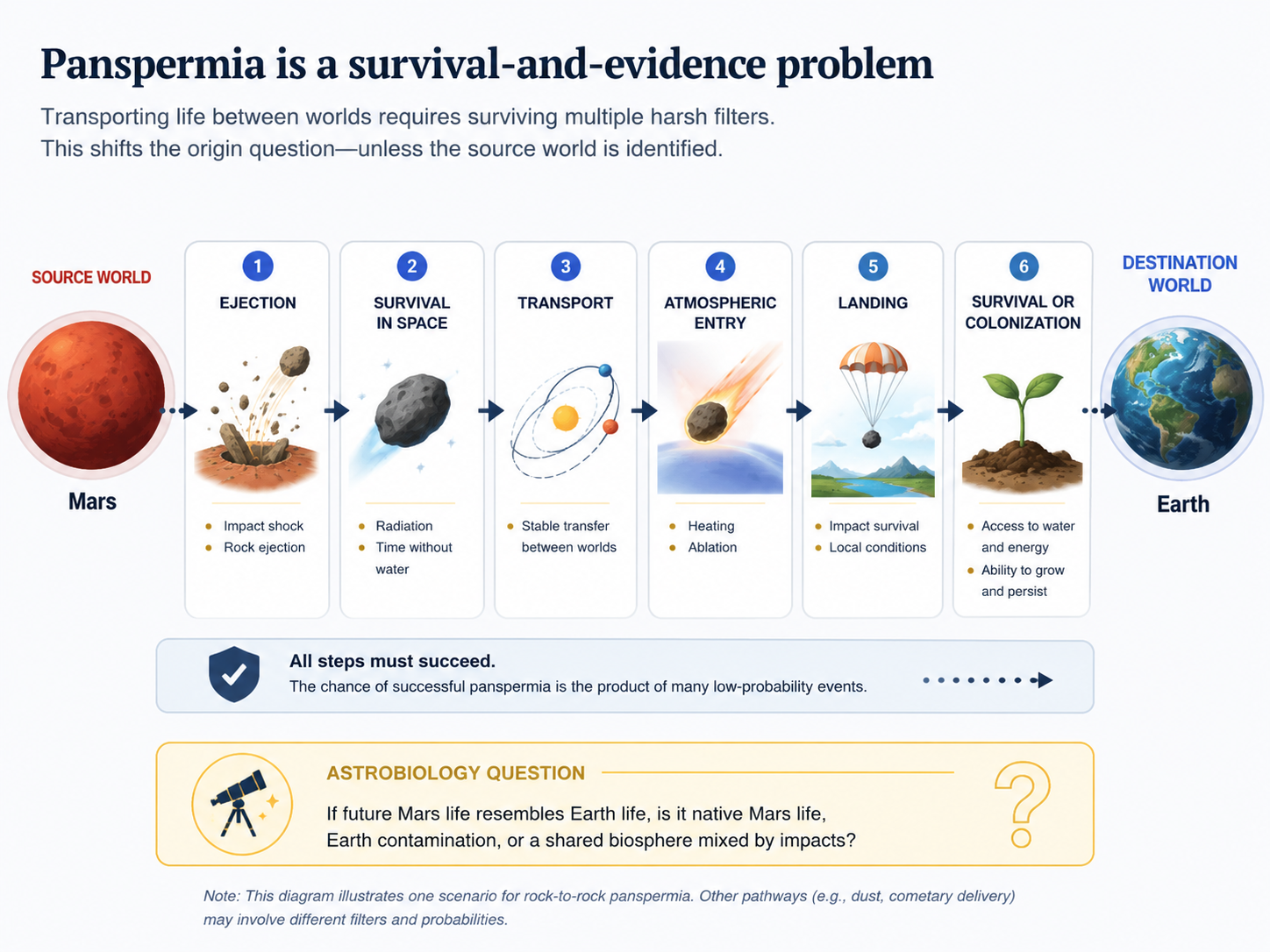 A polished diagram showing the survival filters required for panspermia from Mars to Earth.
