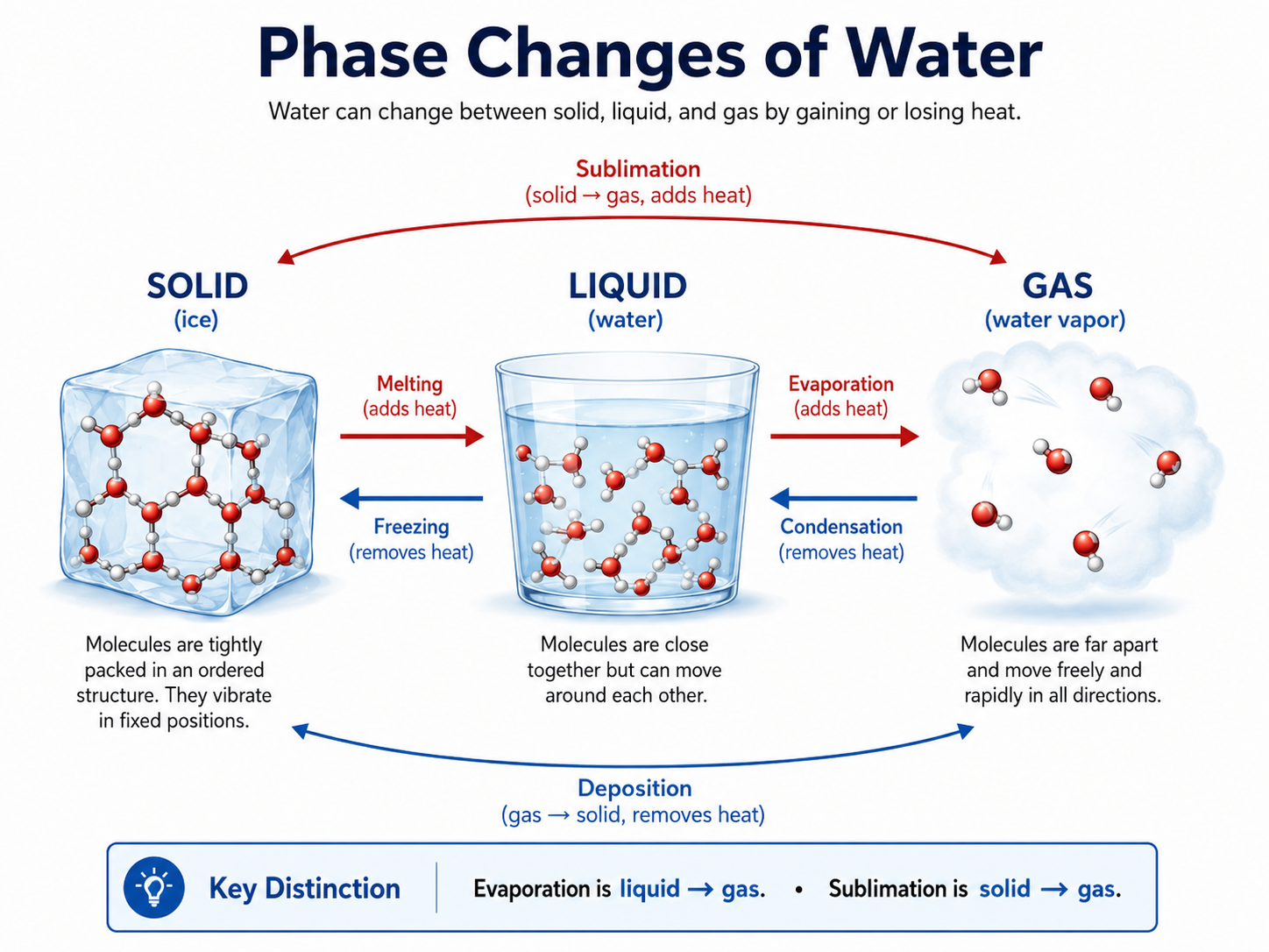 Course-created schematic showing water as a solid, liquid, and gas, with arrows for melting, freezing, evaporation, condensation, sublimation, and deposition.