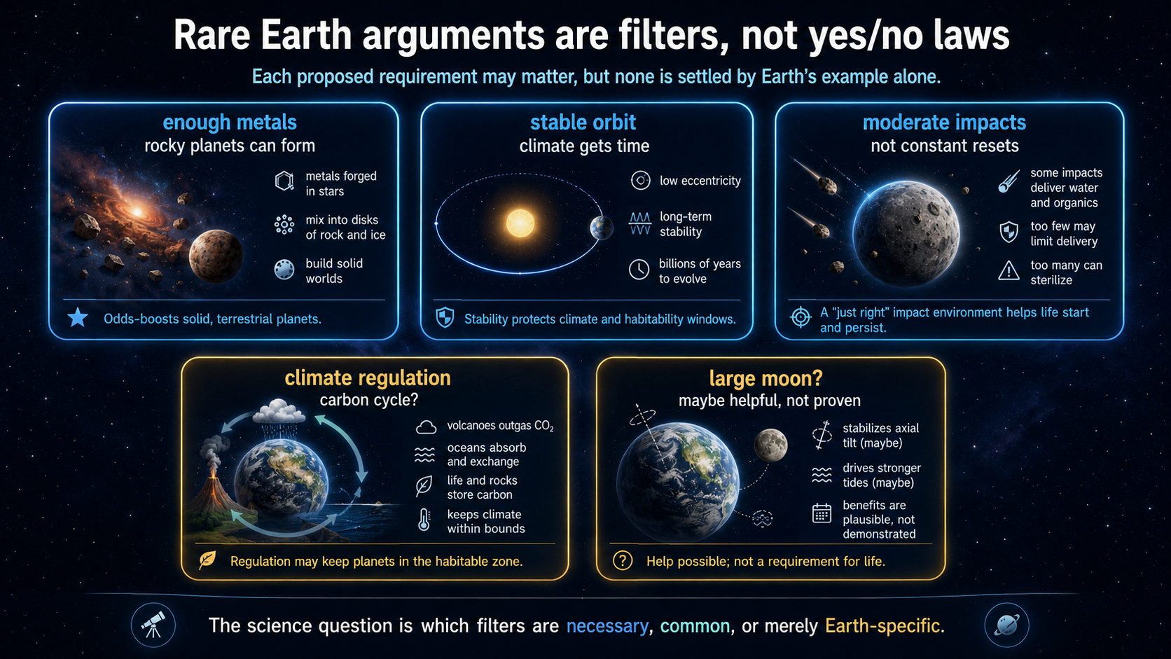Diagram showing Rare Earth arguments as filters: enough metals, stable orbit, moderate impacts, climate regulation, and possibly a large moon.