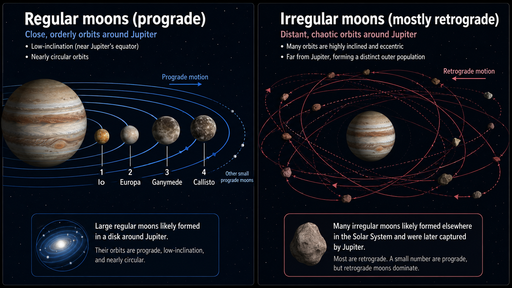 Two-panel diagram comparing Jupiter’s regular and irregular moons. The left panel shows the spherical Galilean moons on close, orderly prograde orbits, while the right panel shows small asteroidlike irregular moons on distant, inclined, eccentric, mostly retrograde orbits.
