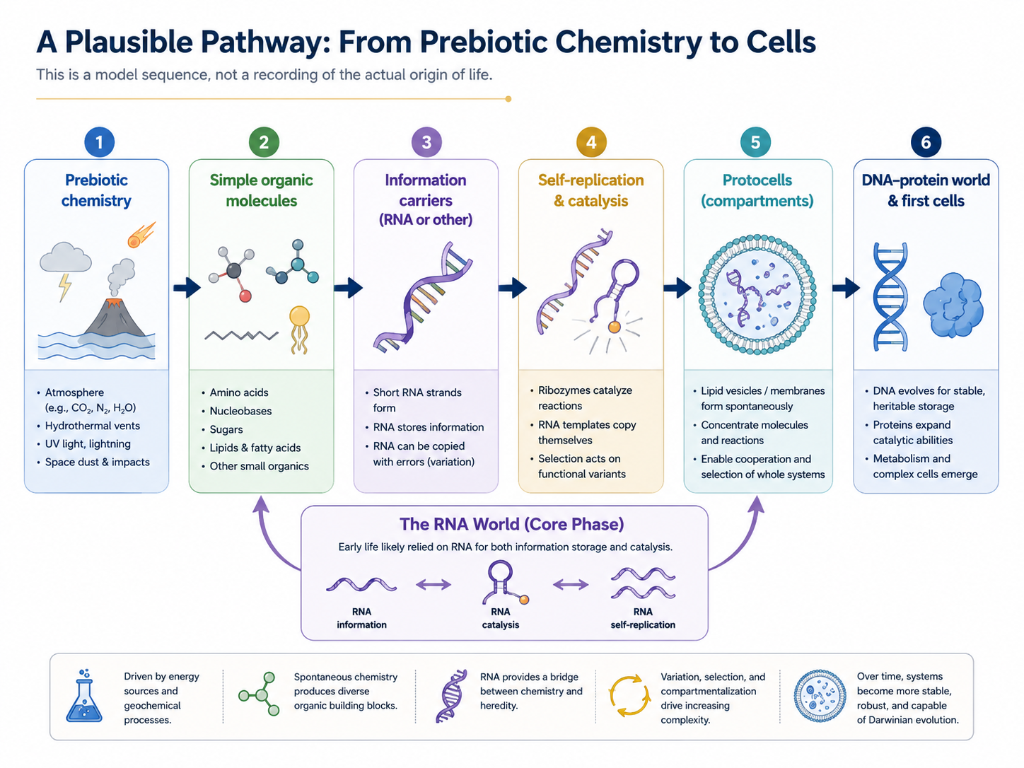 A polished flowchart from prebiotic chemistry through RNA, protocells, and the DNA-protein world.