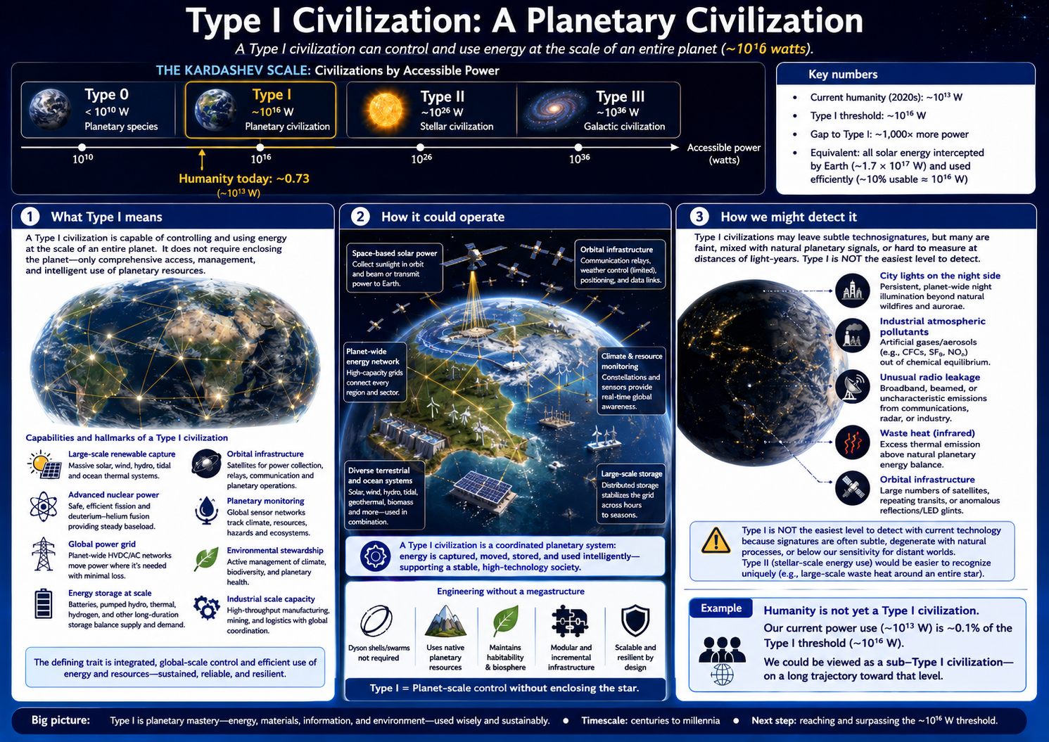 Educational infographic showing Type I planetary-scale technosignatures such as artificial night-side lighting, atmospheric pollutants, radio leakage, planetary waste heat, and large-scale surface modification.