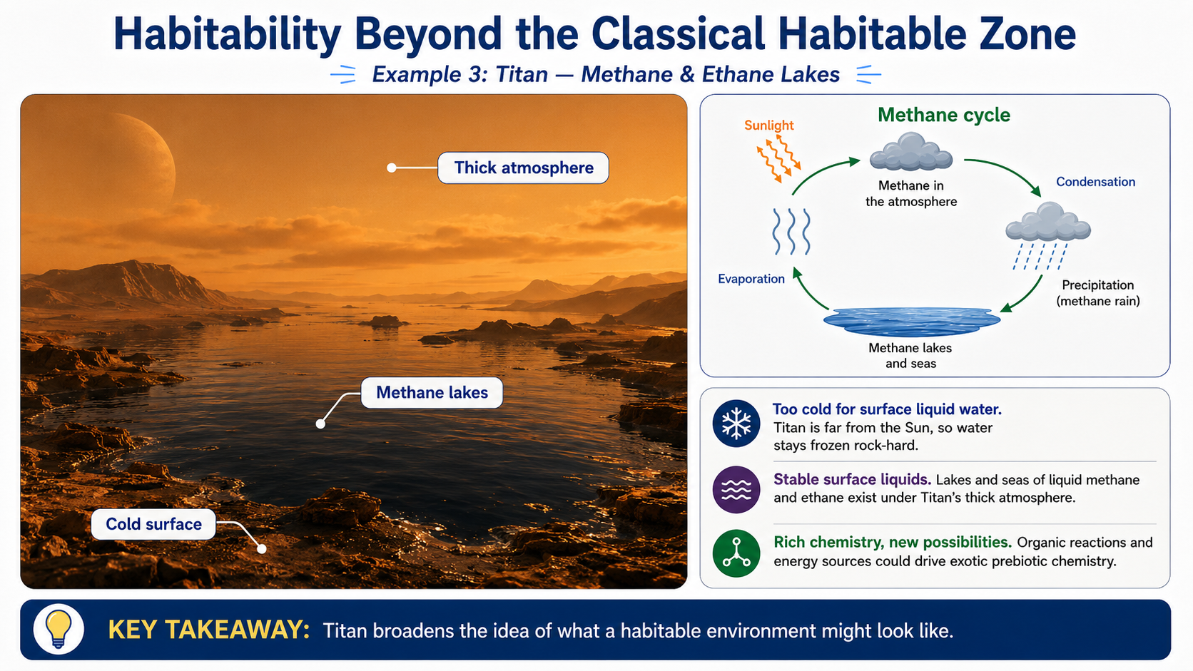 Infographic showing Titan as a cold world with methane and ethane lakes, a thick atmosphere, and a methane cycle.