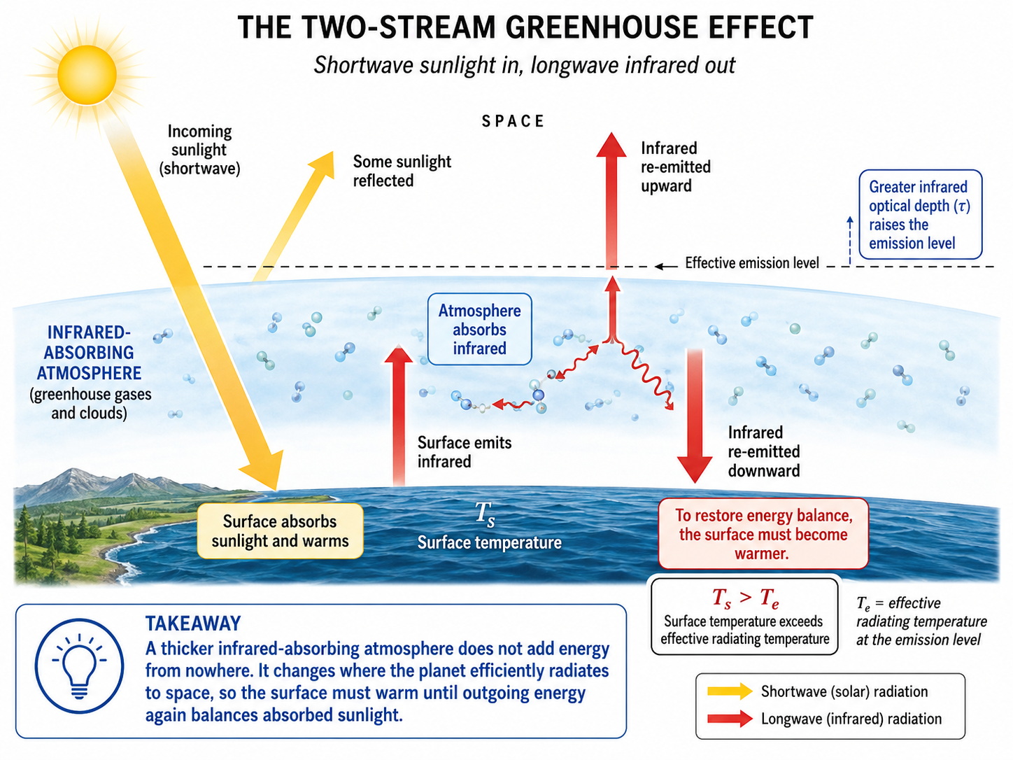 Custom schematic of a two-stream greenhouse model with sunlight entering, infrared radiation going upward, and some infrared radiation returning downward.