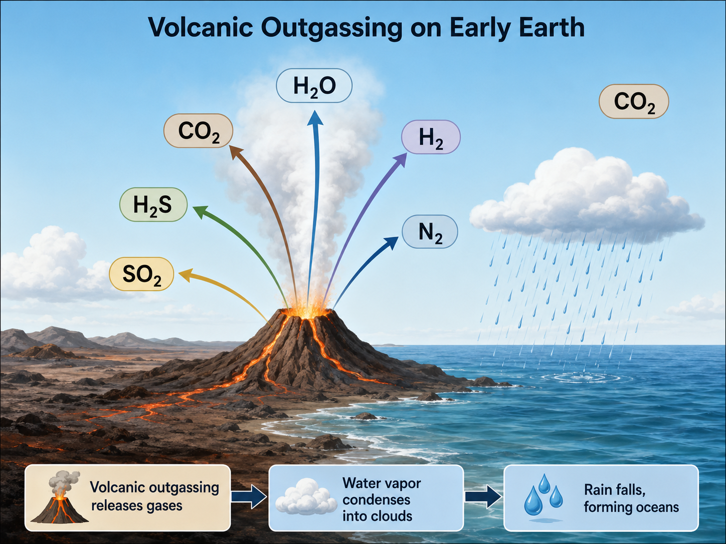 Course-created diagram showing volcanic outgassing of water vapor, carbon dioxide, nitrogen, hydrogen, sulfur gases, and later condensation of water vapor into rain and oceans.